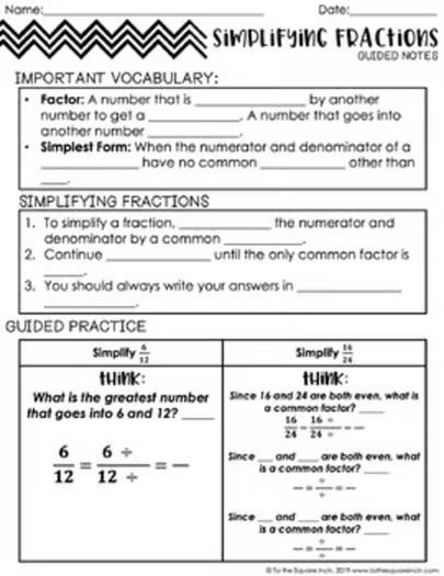 Simplifying Fractions Notes & Practice  + Interactive Notebook Pages