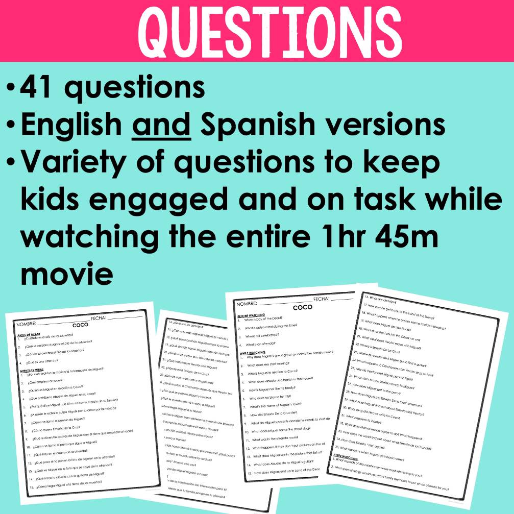 Coco Questions in Spanish & English Día de los Muertos Activity Day of the Dead