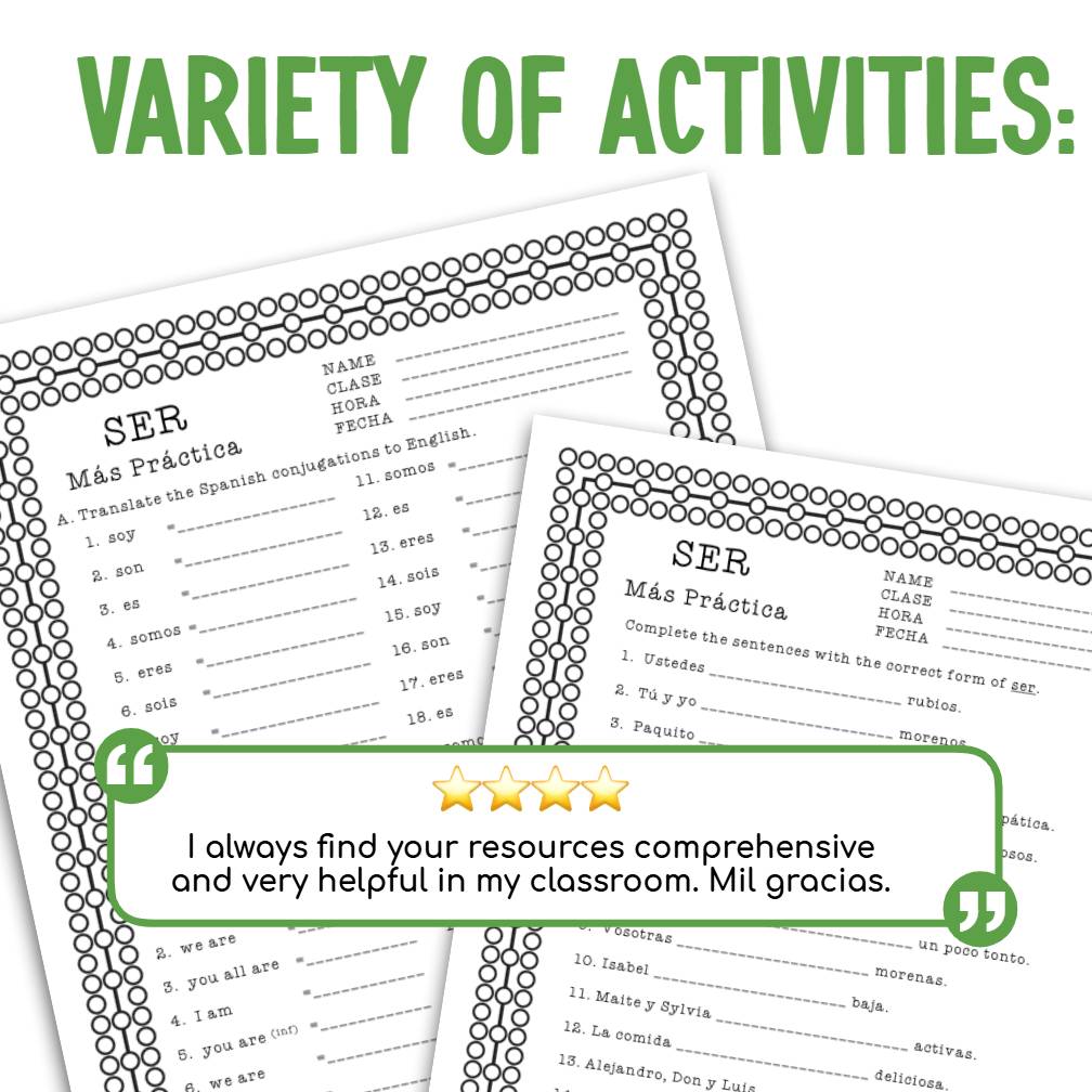 Ser Practice Worksheets Packet  Present Tense Spanish 1 Worksheet