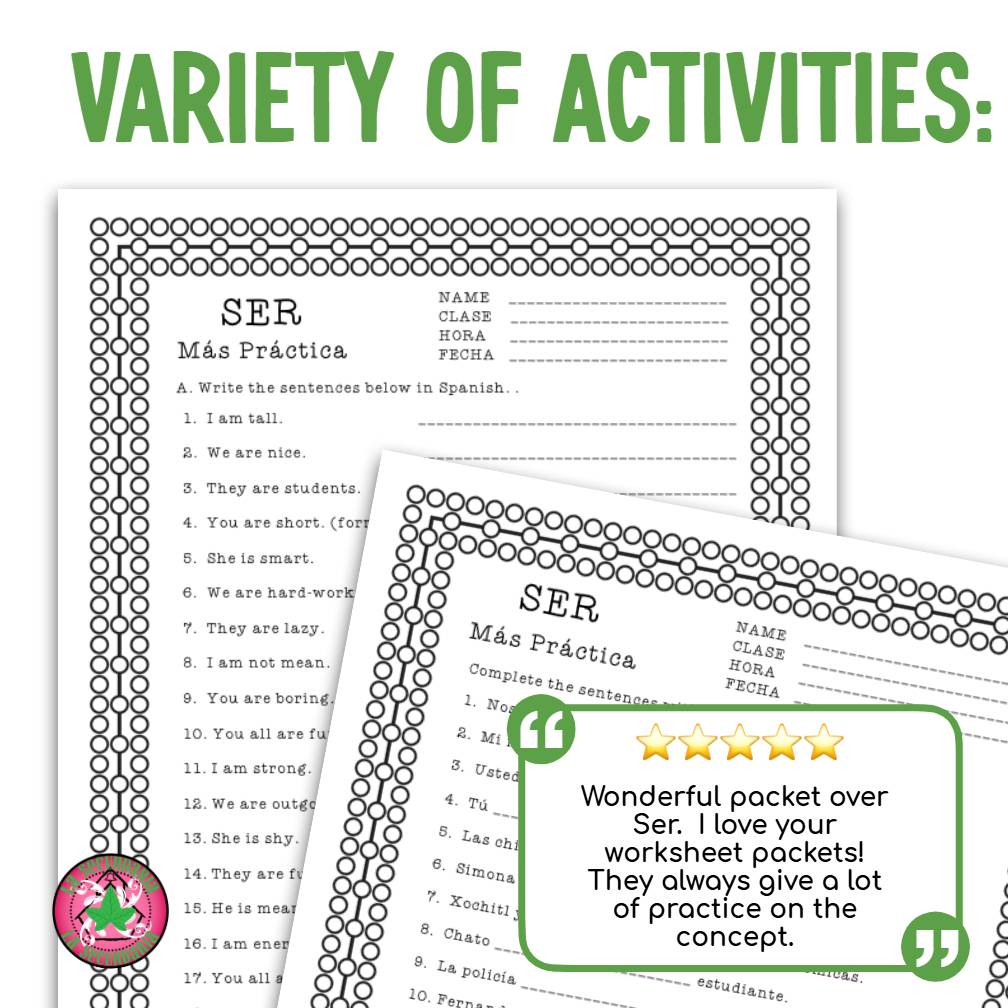 Ser Practice Worksheets Packet  Present Tense Spanish 1 Worksheet