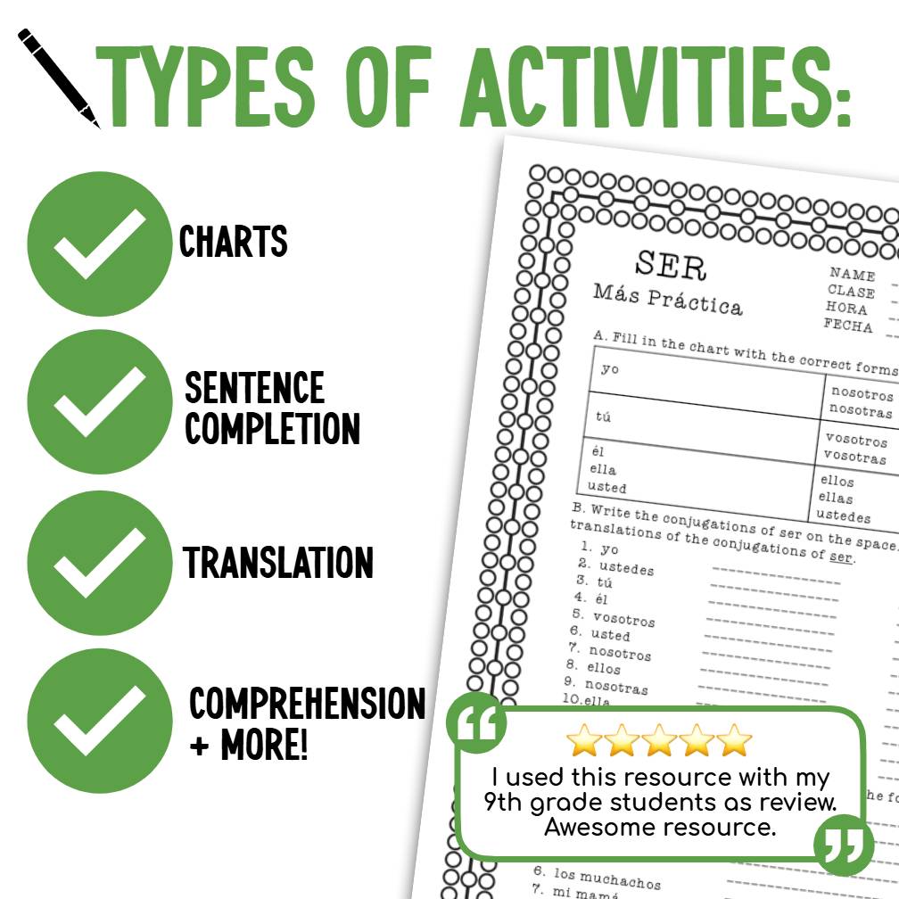 Ser Practice Worksheets Packet  Present Tense Spanish 1 Worksheet