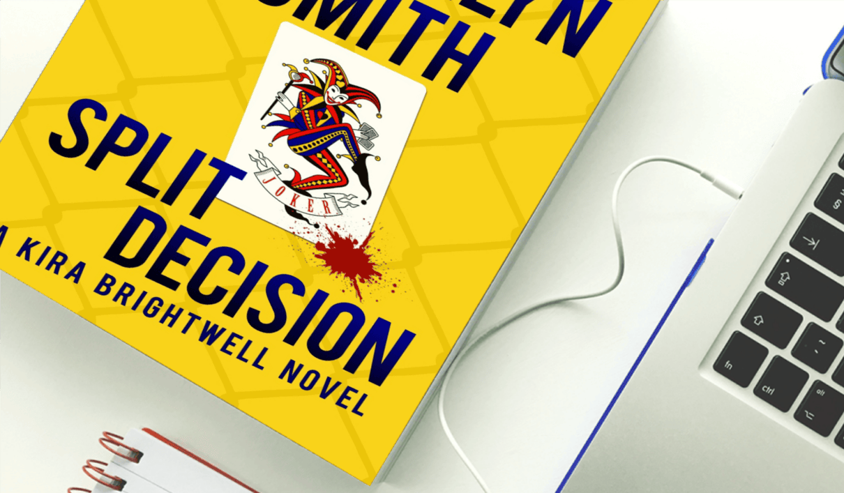 Split Decision Kira Brightwell mystery paperback with laptop