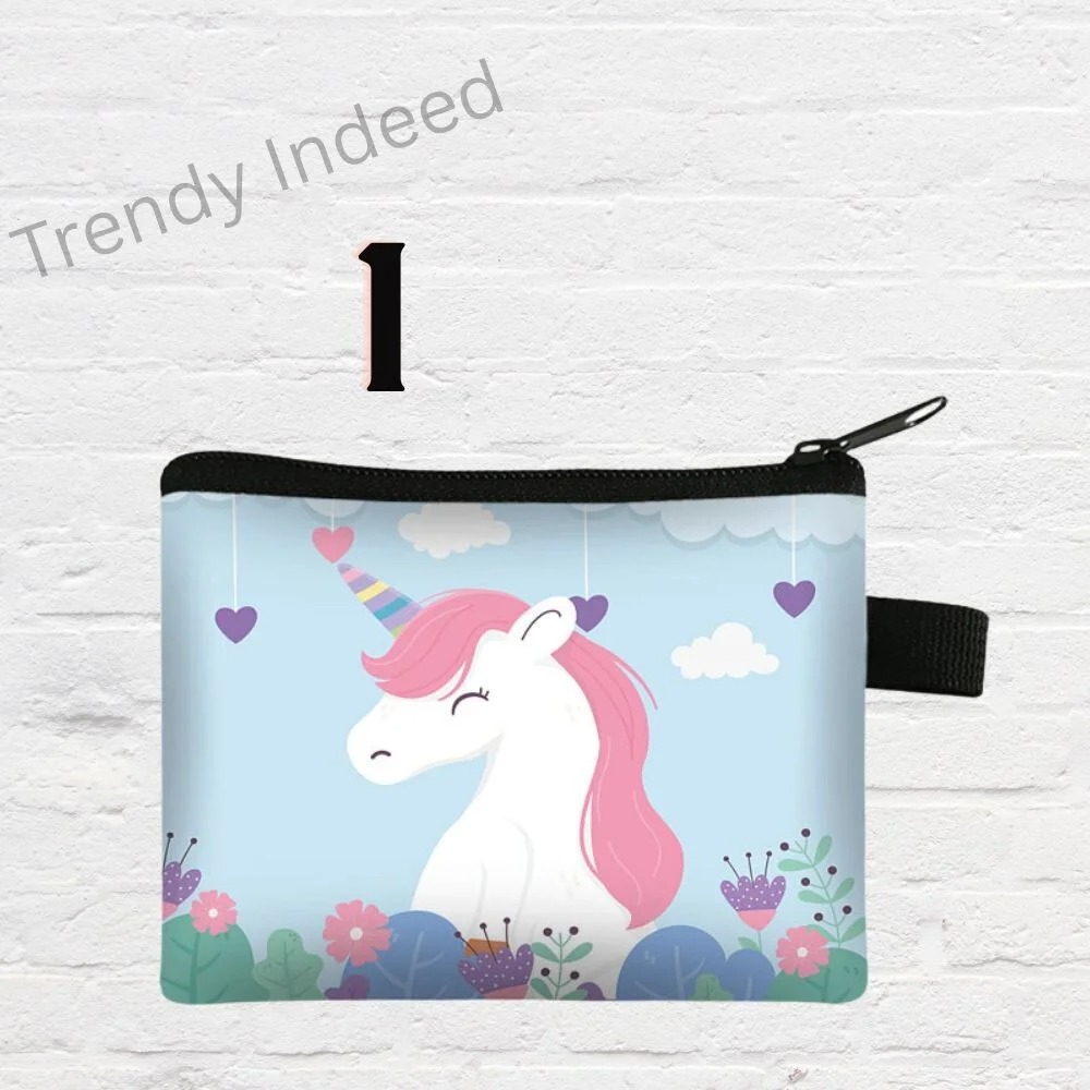 Children’s coin purse featuring colorful unicorn design, ideal for holding coins and small items.