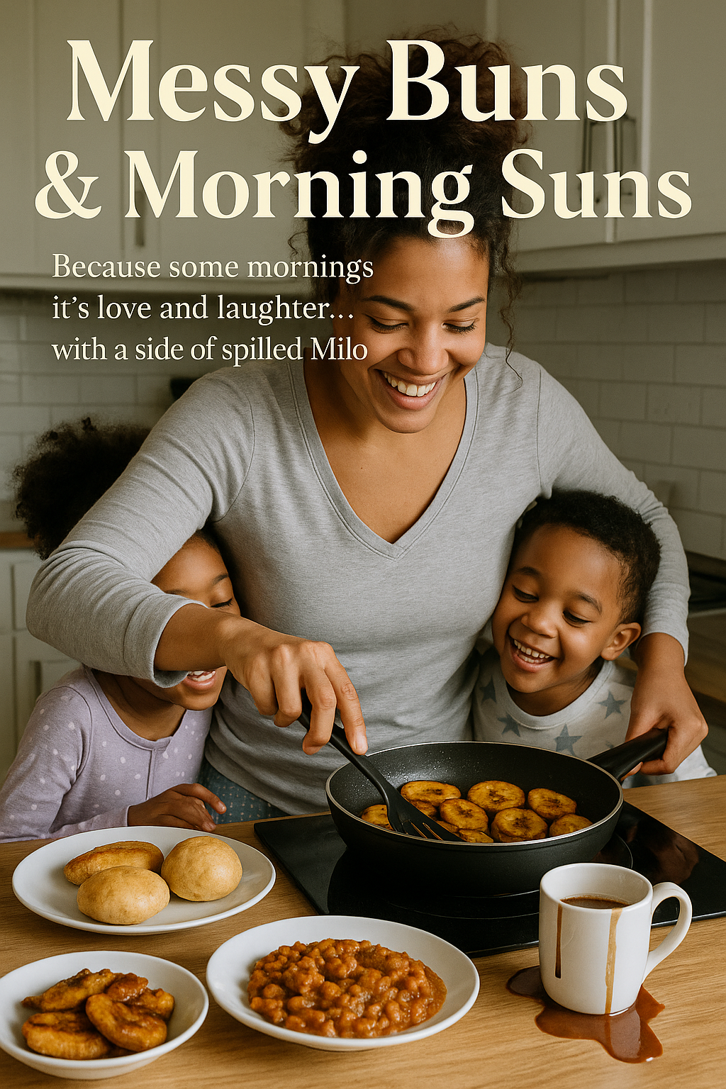 A person cooking plantains in a kitchen with two children, three plates on the counter (bread rolls, beans, fried plantains) and a coffee mug tipped over, featuring the text ‘Messy Buns & Morning Suns. Because some mornings it’s love and laughter.. with a