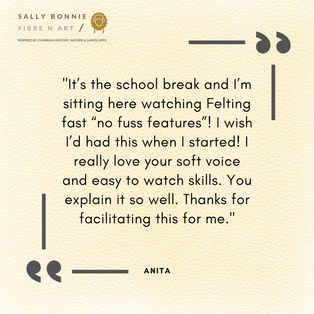 Testimonial graphic: Student delighted by progress after completing Felting Fast Course