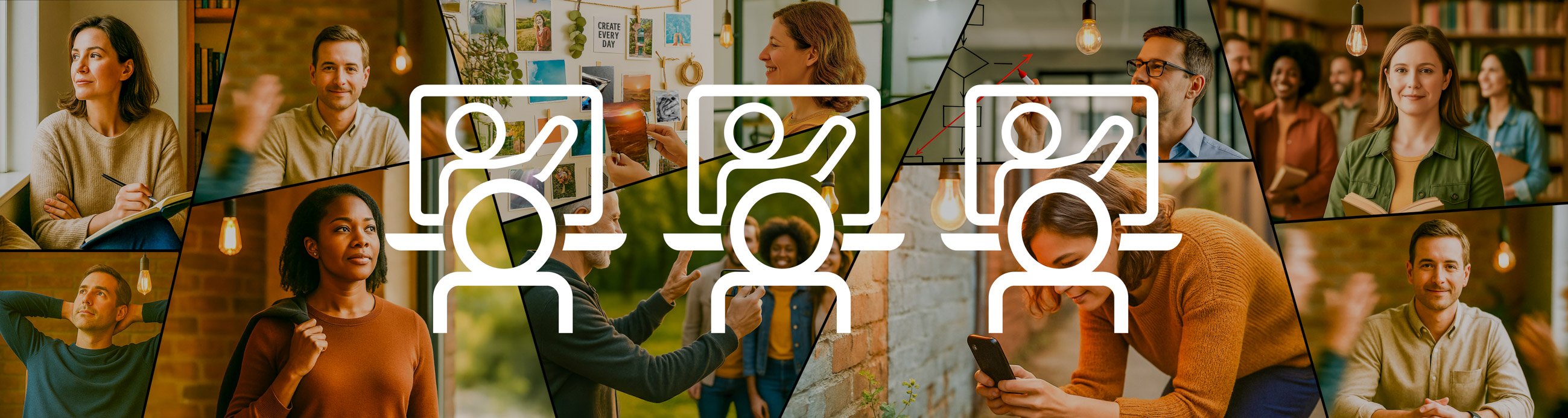 Collage of diverse people engaged in photography, creative thinking, and learning, overlaid with icons representing different course types. Hero banner for The Creative Guide training options across Photography and Expressions courses, as well as eBooks.