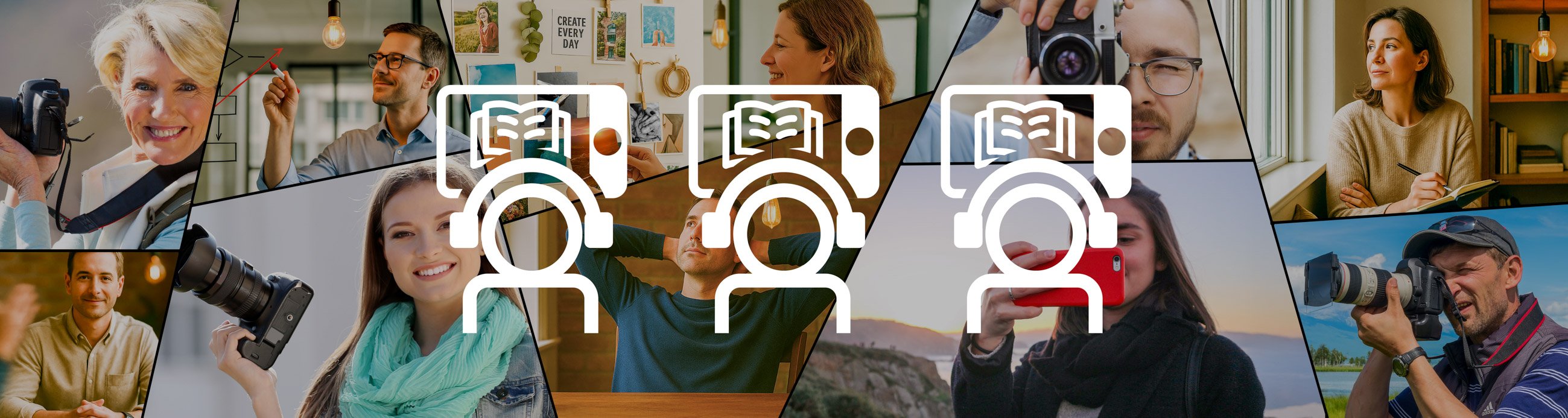 Collage of learners reading, writing, and studying, with icons of books and headphones overlaid. Hero banner for The Creative Guide eBook training option, supporting Photography and Expressions courses.