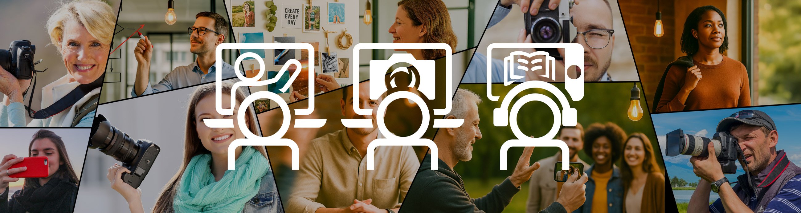 Collage of diverse people engaged in photography, creative thinking, and learning, overlaid with icons representing different course types. Hero banner for The Creative Guide training options across Photography and Expressions courses.