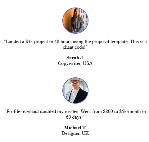 Real student results from The Upwork Shortcut ebook – Sarah J landed a $3k project in 48 hours and Michael T scaled from $800 to $5k/month in 60 days