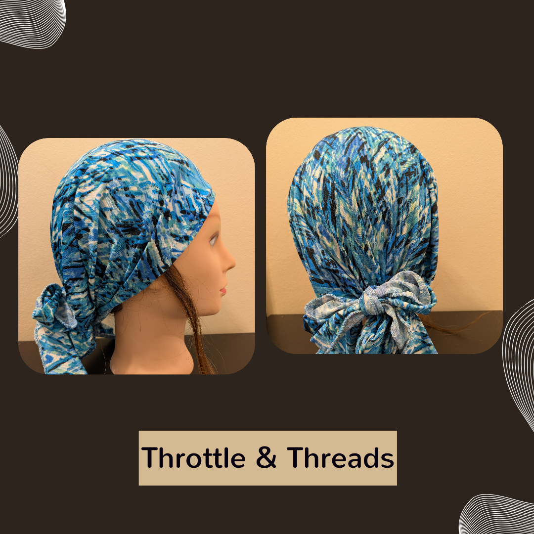 Handmade motorcycle hair wrap designed for medium to long hair, tied in place before a  ride