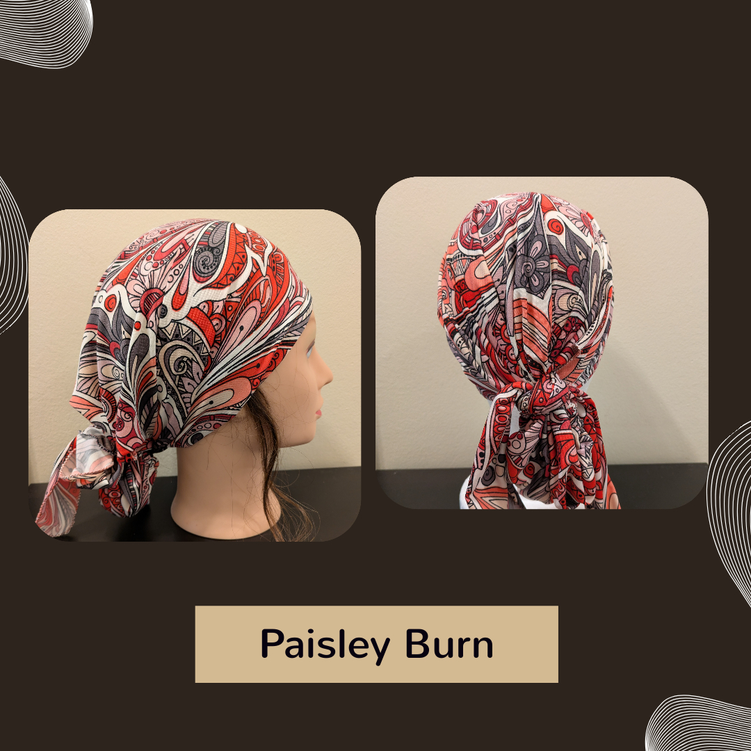 Handmade motorcycle hair wrap designed for medium to long hair, tied in place before a ride