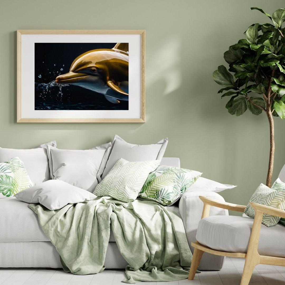 Close-up image of a sleek golden dolphin gliding through dark water, with droplets splashing around its mouth. The dolphin’s smooth, reflective surface shines under the light, creating a striking contrast against the deep black background. Elegant and mod