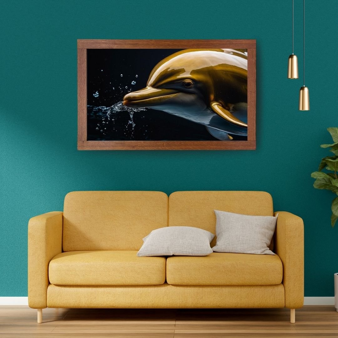 Close-up image of a sleek golden dolphin gliding through dark water, with droplets splashing around its mouth. The dolphin’s smooth, reflective surface shines under the light, creating a striking contrast against the deep black background. Elegant and mod
