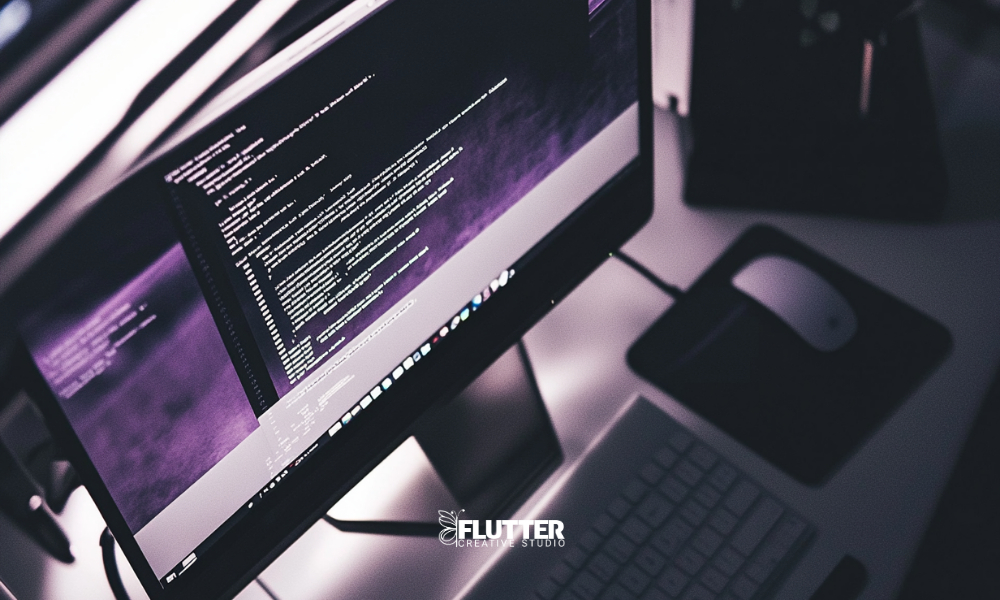 A modern desktop computer with a glowing monitor displaying lines of code in a dark interface, surrounded by purple lighting and minimalist tech accessories. The scene evokes cybersecurity, digital protection, and online enforcement in a cinematic, editor