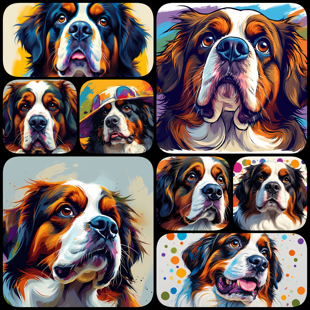 Pop Art dog art, colorful dog illustrations, dog PNGs, high-quality clipart, digital dog art, printable dog clipart, dog breeds art bundle, vibrant dog illustrations, Saint Bernard PNG, Labrador digital art, Poodle clipart, dog design resources, DIY dog c