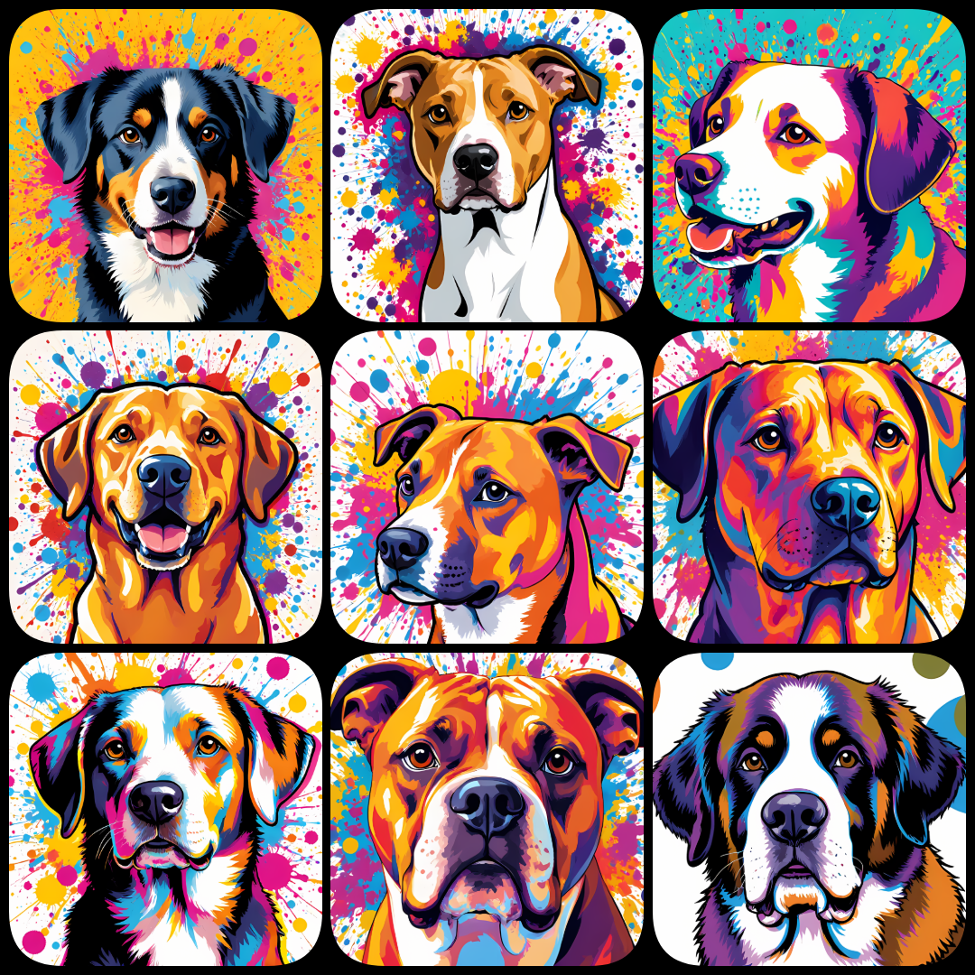 Pop Art dog art, colorful dog illustrations, dog PNGs, high-quality clipart, digital dog art, printable dog clipart, dog breeds art bundle, vibrant dog illustrations, Saint Bernard PNG, Labrador digital art, Poodle clipart, dog design resources, DIY dog c