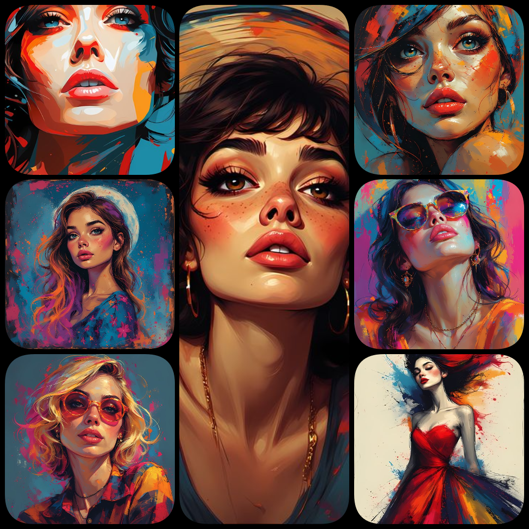 bold female art, vibrant women illustrations, abstract female portraits, geometric woman artwork, retro women prints, pop art women collection, art deco digital art, high resolution art prints, colorful modern female art, downloadable art bundle, aestheti