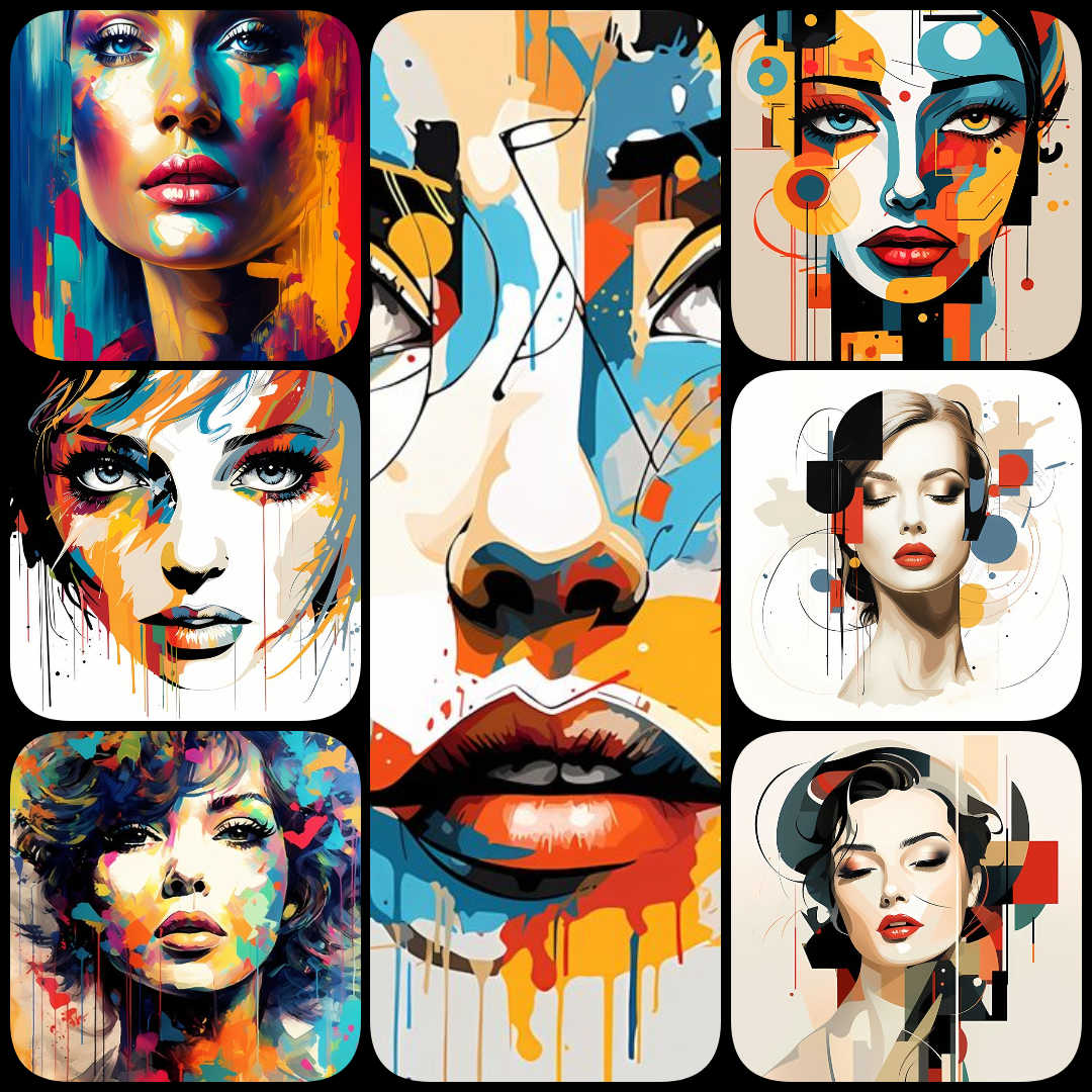 bold female art, vibrant women illustrations, abstract female portraits, geometric woman artwork, retro women prints, pop art women collection, art deco digital art, high resolution art prints, colorful modern female art, downloadable art bundle, aestheti