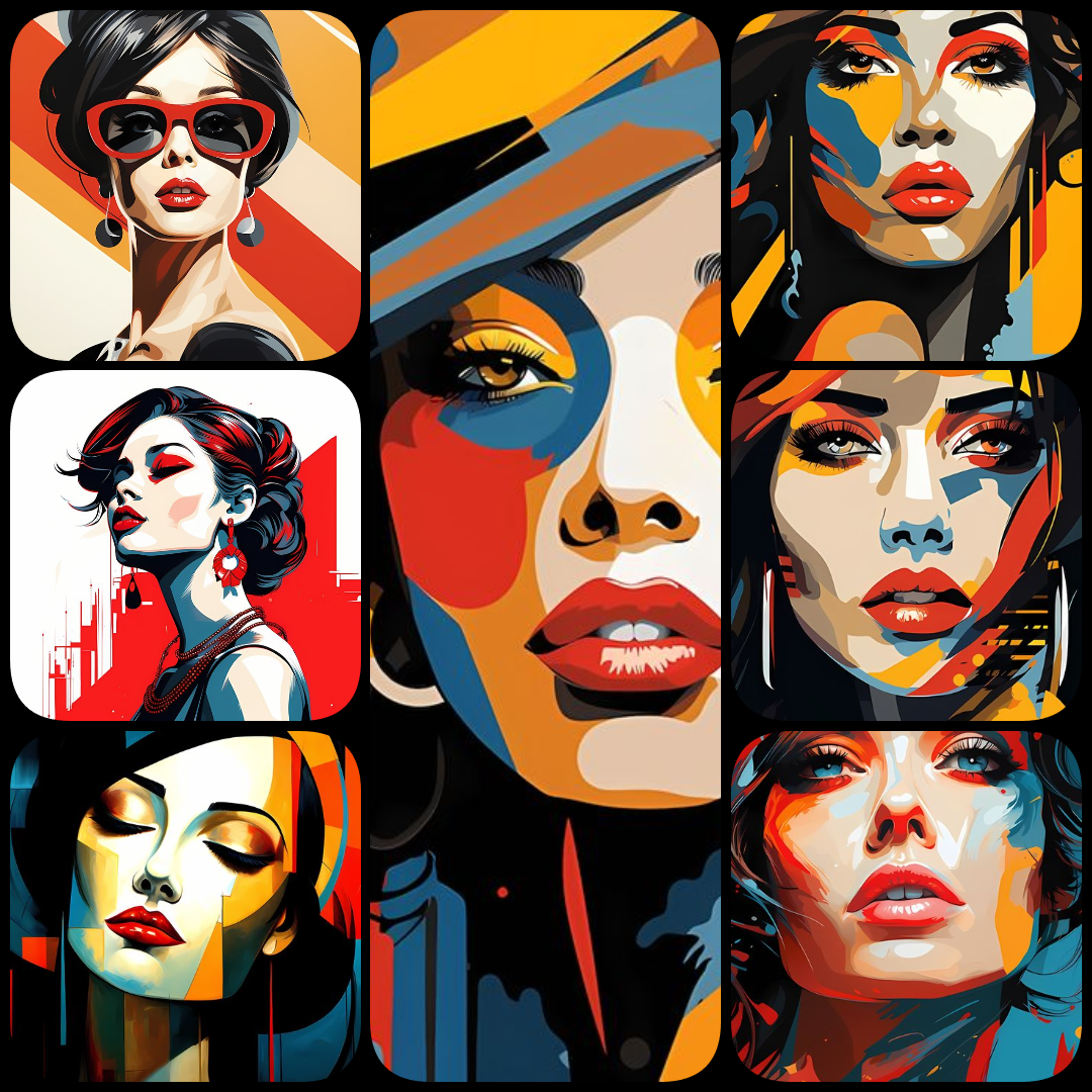 bold female art, vibrant women illustrations, abstract female portraits, geometric woman artwork, retro women prints, pop art women collection, art deco digital art, high resolution art prints, colorful modern female art, downloadable art bundle, aestheti
