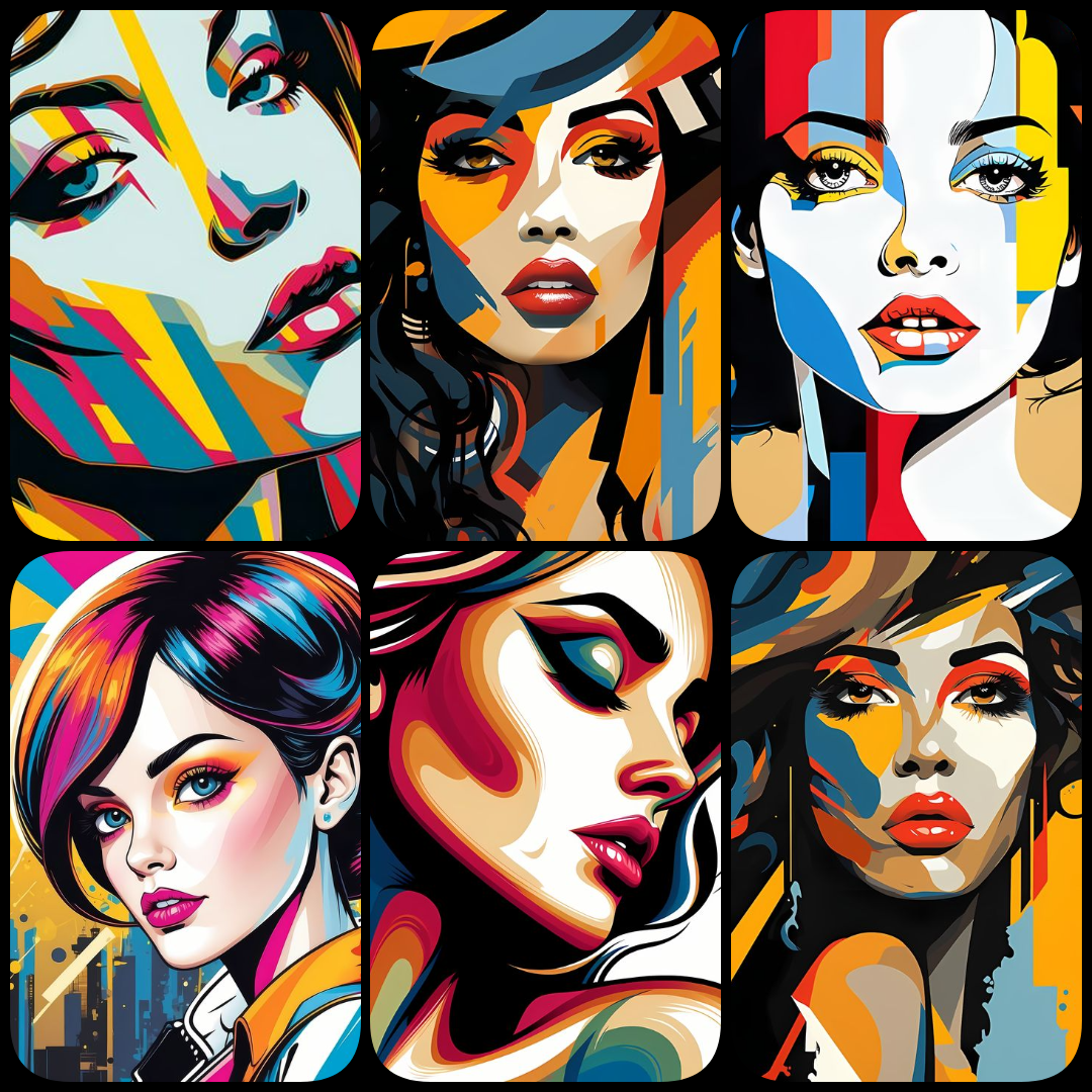 bold female art, vibrant women illustrations, abstract female portraits, geometric woman artwork, retro women prints, pop art women collection, art deco digital art, high resolution art prints, colorful modern female art, downloadable art bundle, aestheti