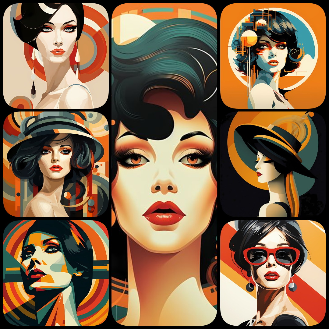 bold female art, vibrant women illustrations, abstract female portraits, geometric woman artwork, retro women prints, pop art women collection, art deco digital art, high resolution art prints, colorful modern female art, downloadable art bundle, aestheti