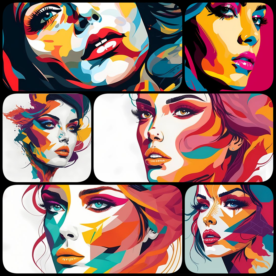 bold female art, vibrant women illustrations, abstract female portraits, geometric woman artwork, retro women prints, pop art women collection, art deco digital art, high resolution art prints, colorful modern female art, downloadable art bundle, aestheti