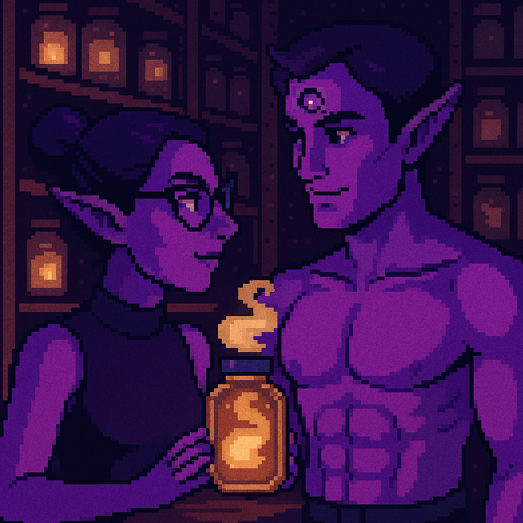 A pixel art illustration of two purple-skinned alien archivists, Lexi and R’thax, standing close together in a dimly lit library filled with glowing jars. Lexi wears teal cat-eye glasses and a sleeveless black turtleneck, her hair in a bun, while R’thax i