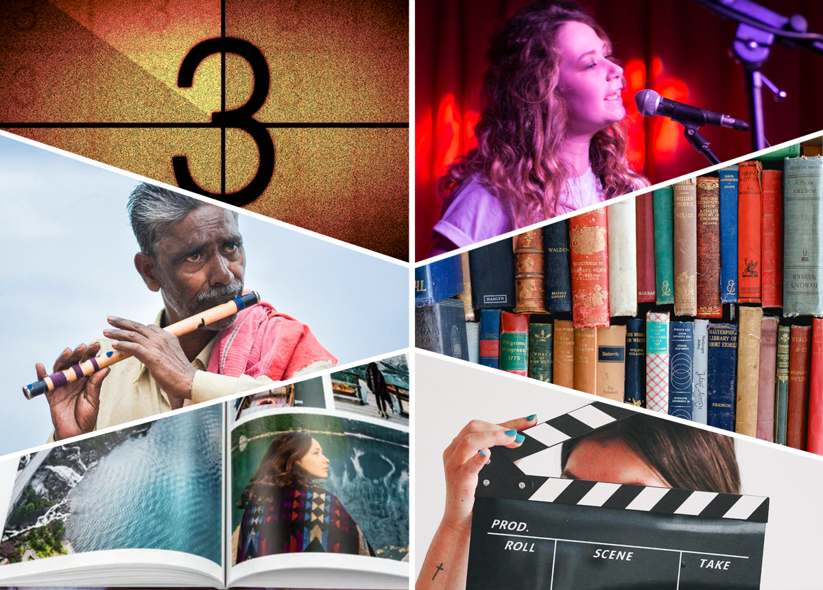 Collage of creative resources for The Creative Guide showing two music themes (a singer performing live and a man playing flute), two film themes (a classic film countdown and a person holding a clapperboard), and two book themes (rows of vintage books and an open photography book). Designed to represent diverse playlists across music, movies, and reading.