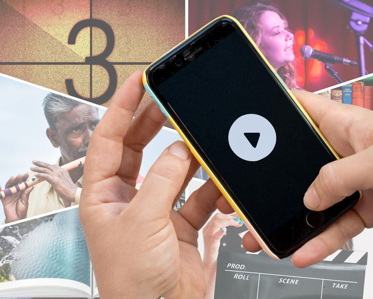 Collage of The Creative Guide playlists with a central smartphone play button held in two hands, surrounded by creative elements: live singer, flute player, classic film countdown, clapperboard, vintage books, and an open photography book. Visual metaphor for exploring curated playlists across music, film, and reading.