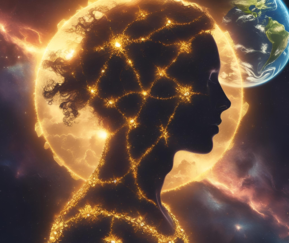 A cosmic silhouette of a woman glows with golden light patterns, merging with the sun and Earth, symbolizing lightbody activation and universal connection.