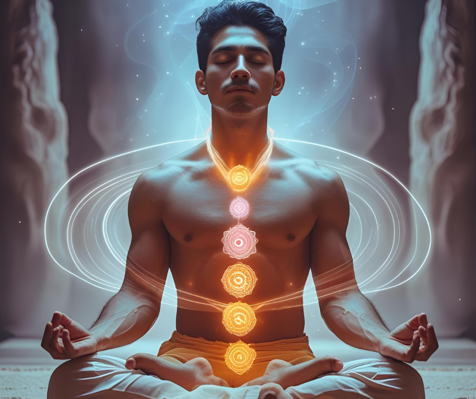 A man meditates in lotus pose, eyes closed, with glowing chakras illuminated along his body, surrounded by radiant energy rings of light.
