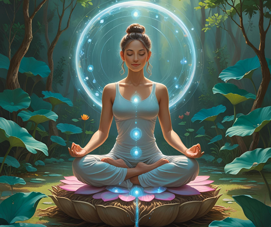 Person sitting peacefully in lotus pose with protective Light bubble, grounded to earth with roots