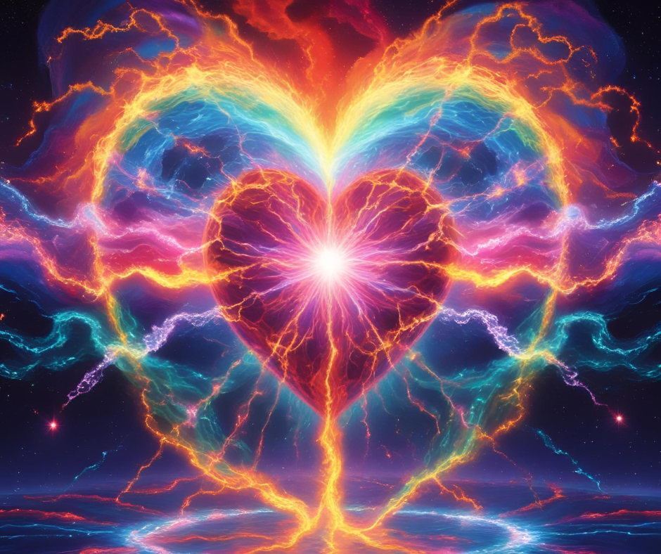 Heart chakra expanding with waves of colorful energy, emotions as Light frequencies radiating outward