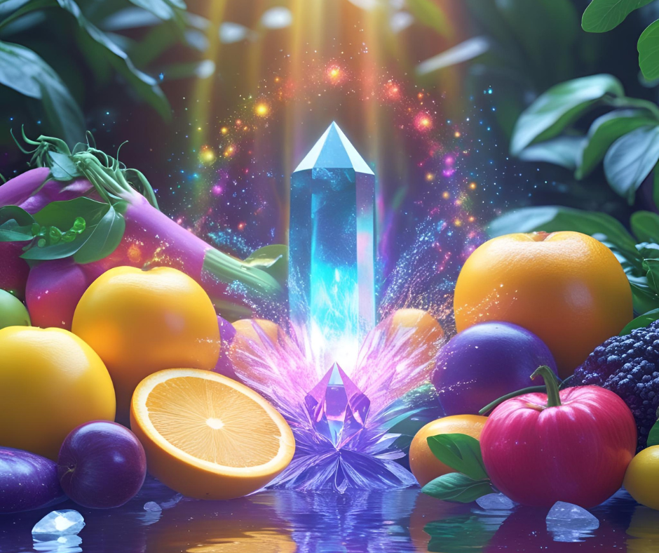 Fresh organic fruits and vegetables glowing with life force energy, crystal-infused water sparkling