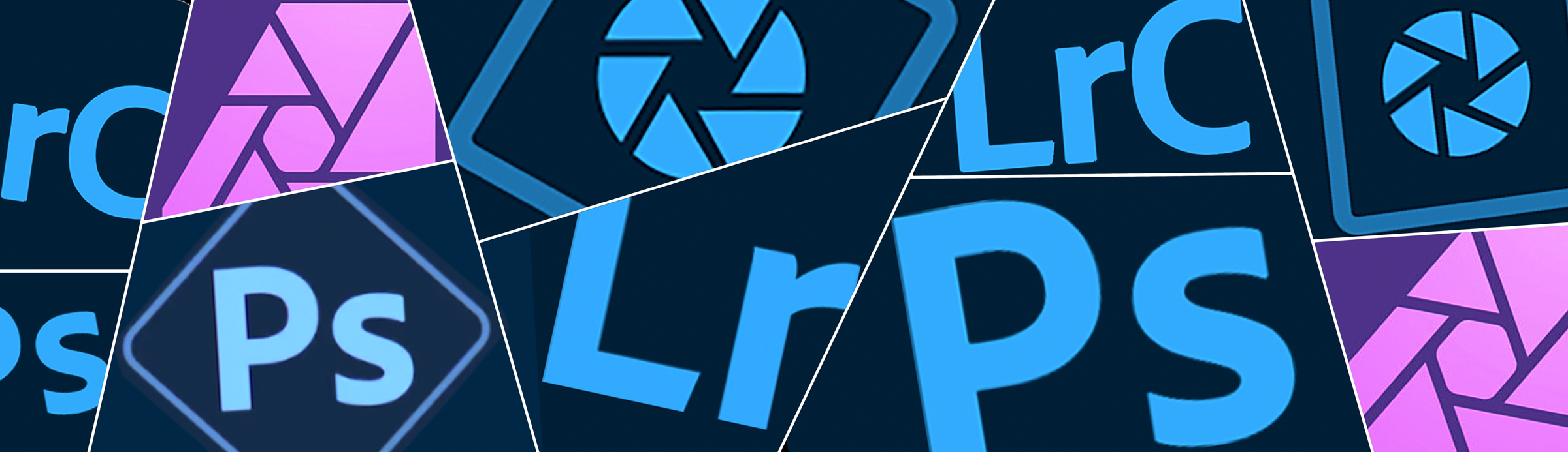 Collage of software icons including Lightroom, Photoshop, Elements, and Affinity Photo, representing The Creative Guide training in photography apps that teach exposure, contrast, highlights, and shadows across desktop and mobile.