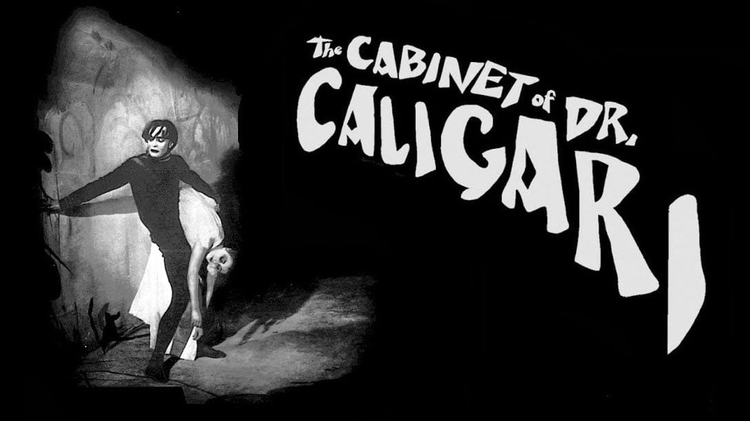 Black and white promotional image from the silent film “The Cabinet of Dr. Caligari” (1920), showing the somnambulist Cesare carrying a limp woman through a distorted, painted set. Stylized lettering spells out the film’s title. Image featured in curated film resources at The Creative Guide.