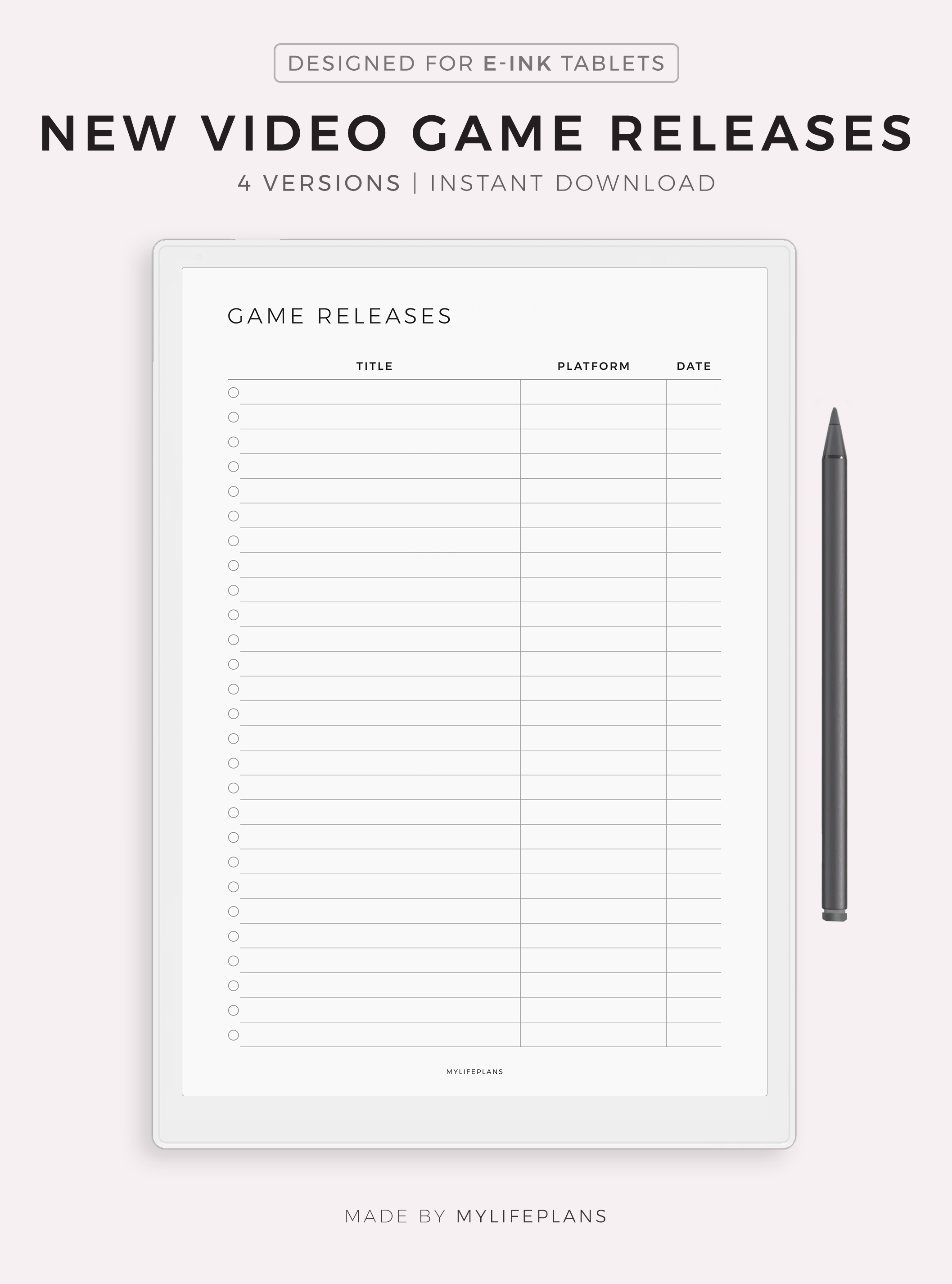 New Video Game Releases Template for Remarkable, Supernote, Kindle ...