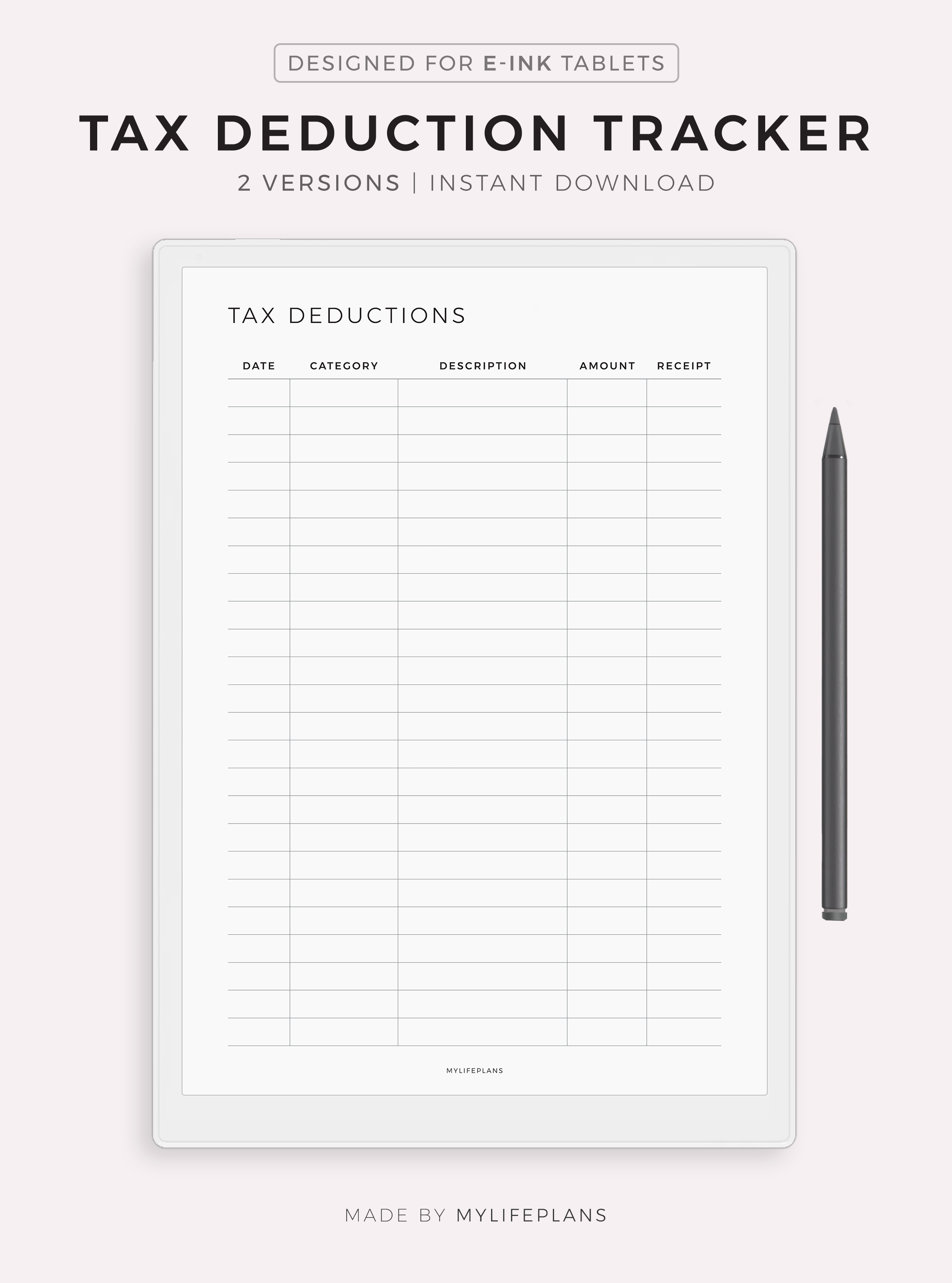 Tax Deduction Tracker Template for Remarkable, Supernote, Kindle Scribe ...