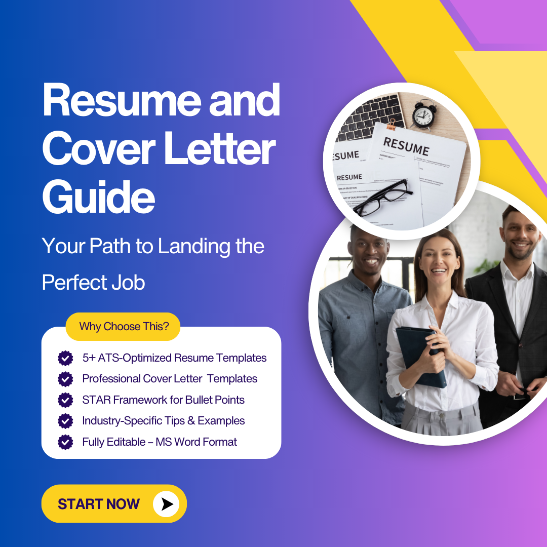 The Complete Resume & Cover Letter Guide full product preview, including editable resume and cover letter templates, action verb lists, and professional tips for job seekers.