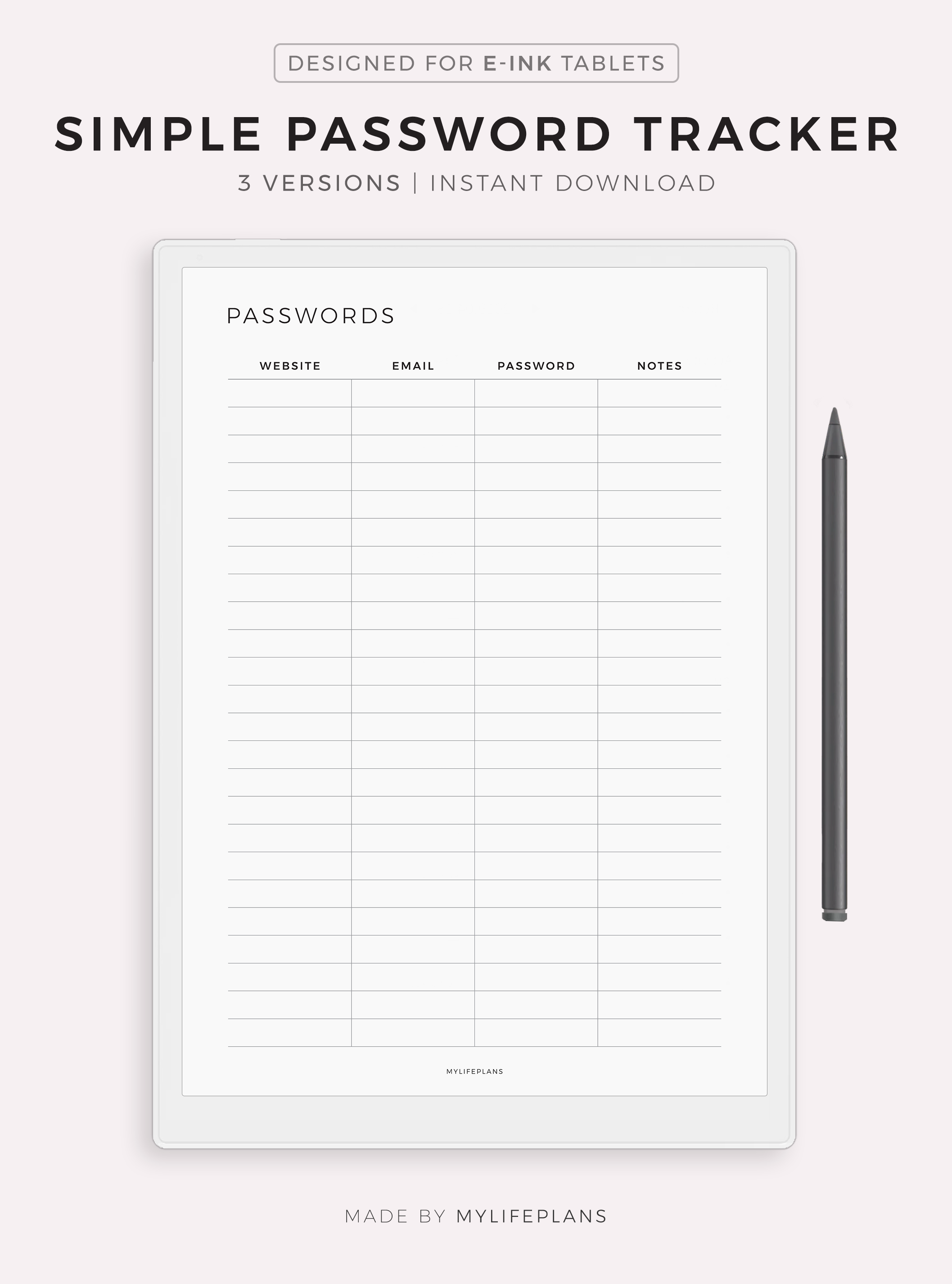 Simple Password Tracker Template for Remarkable, Supernote, Kindle ...