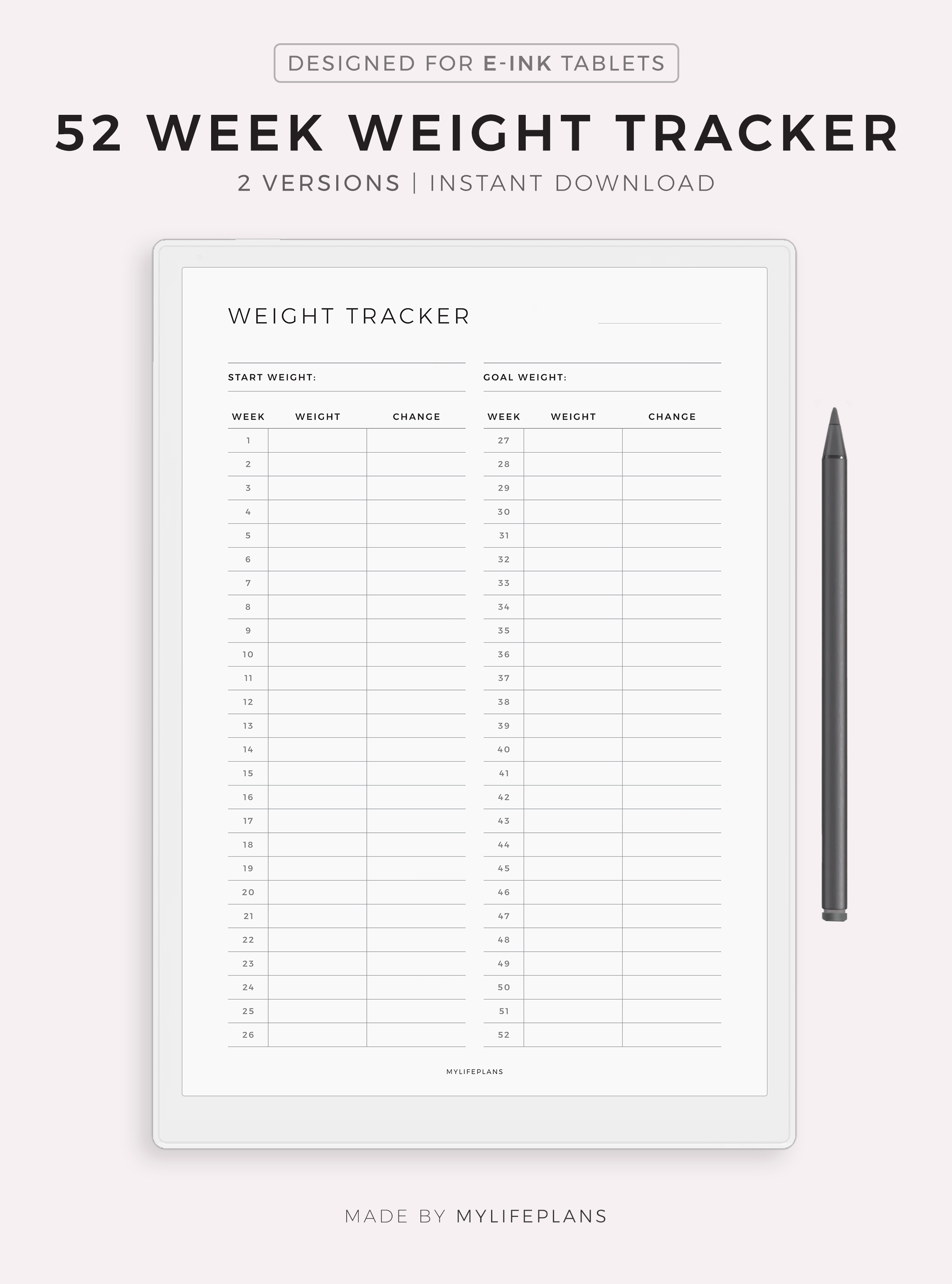 52 Week Weight Tracker Template for Remarkable, Supernote, Kindle ...