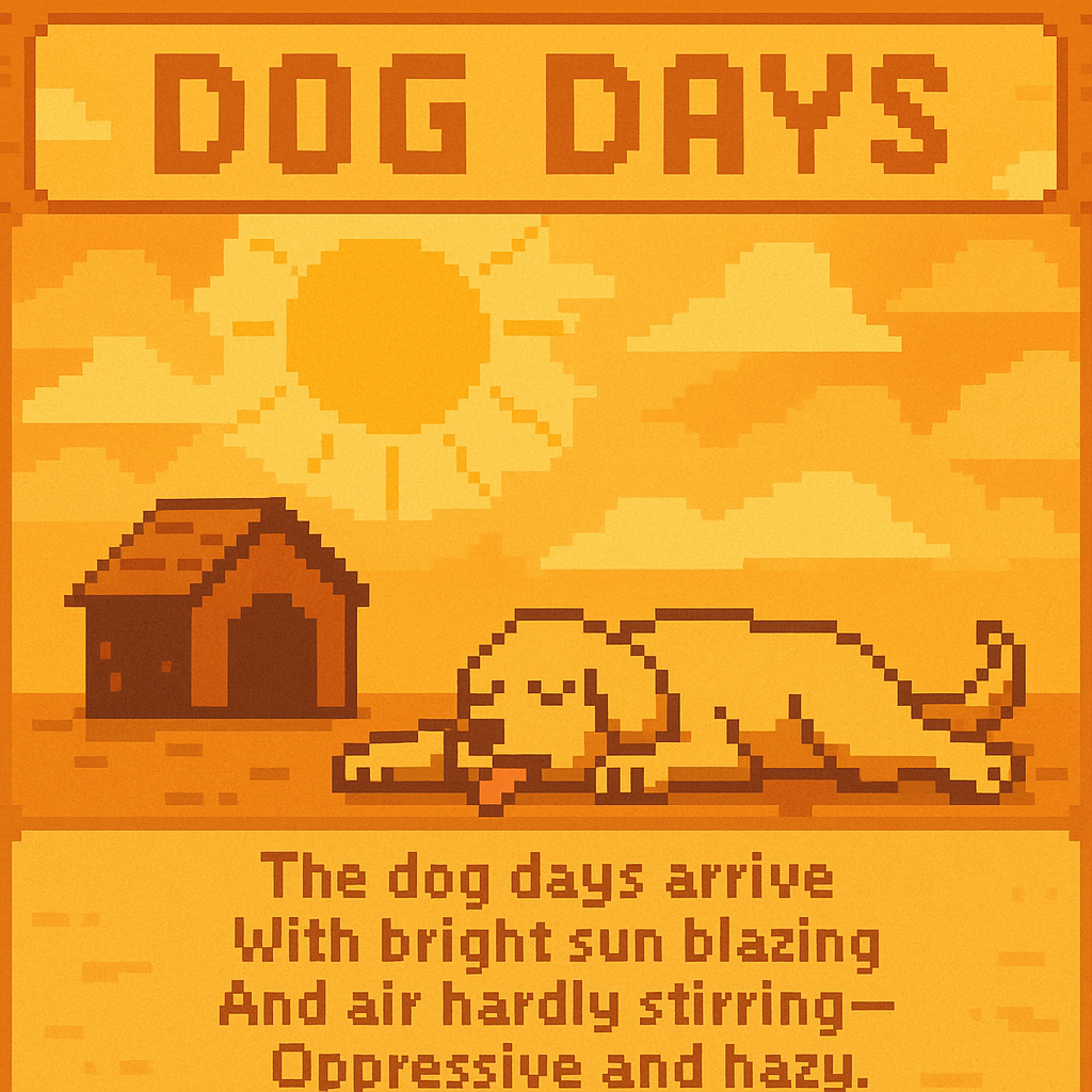 Alt text: Pixel art illustration in warm orange and brown tones. At the top, bold block letters read “DOG DAYS.” Below, a blazing sun with radiating beams fills the sky, scattered with stylized clouds. On the ground, a simple brown doghouse stands beside 