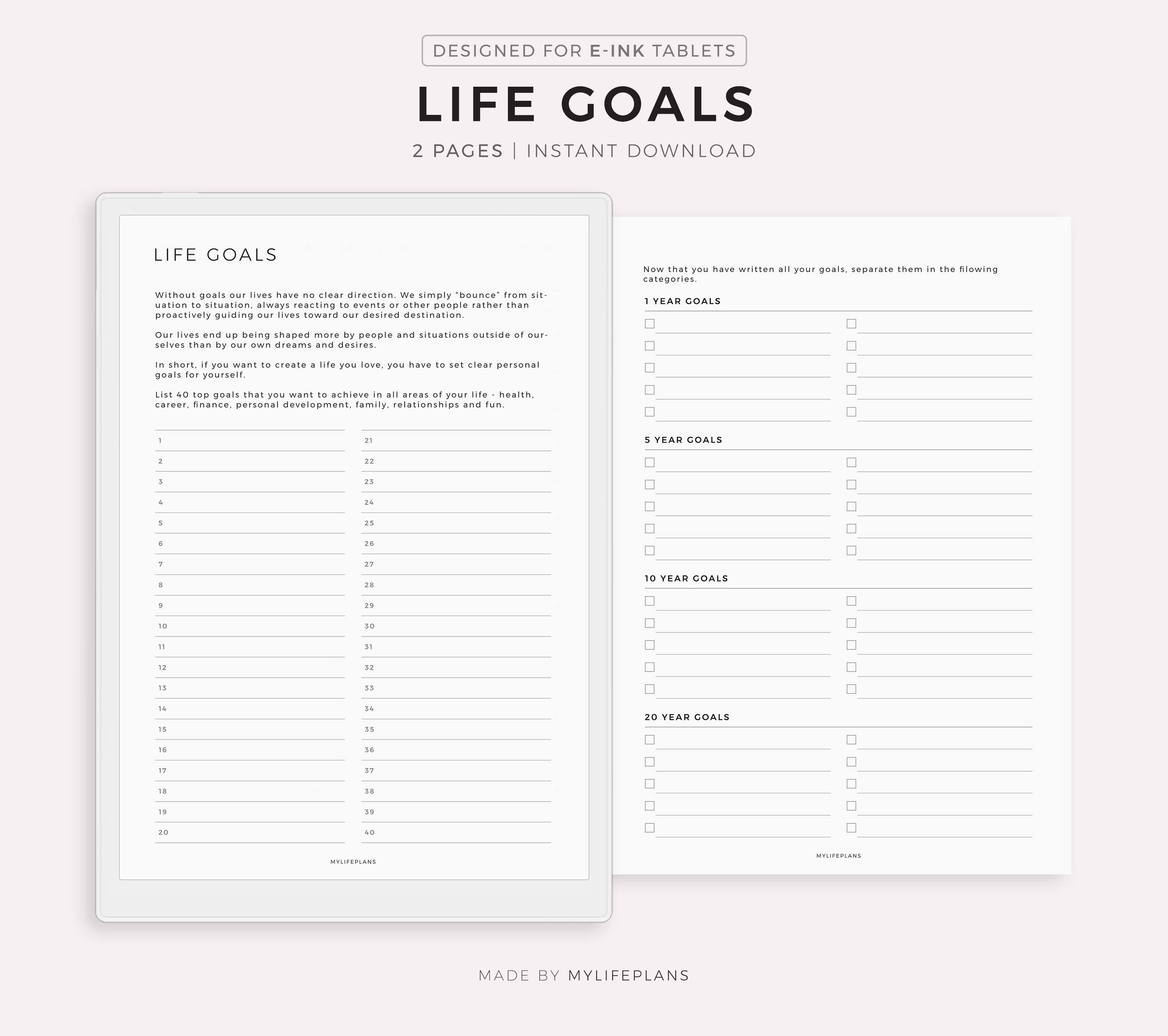 Life Goals Planner for Remarkable, Supernote, Kindle Scribe, Boox, Kobo ...