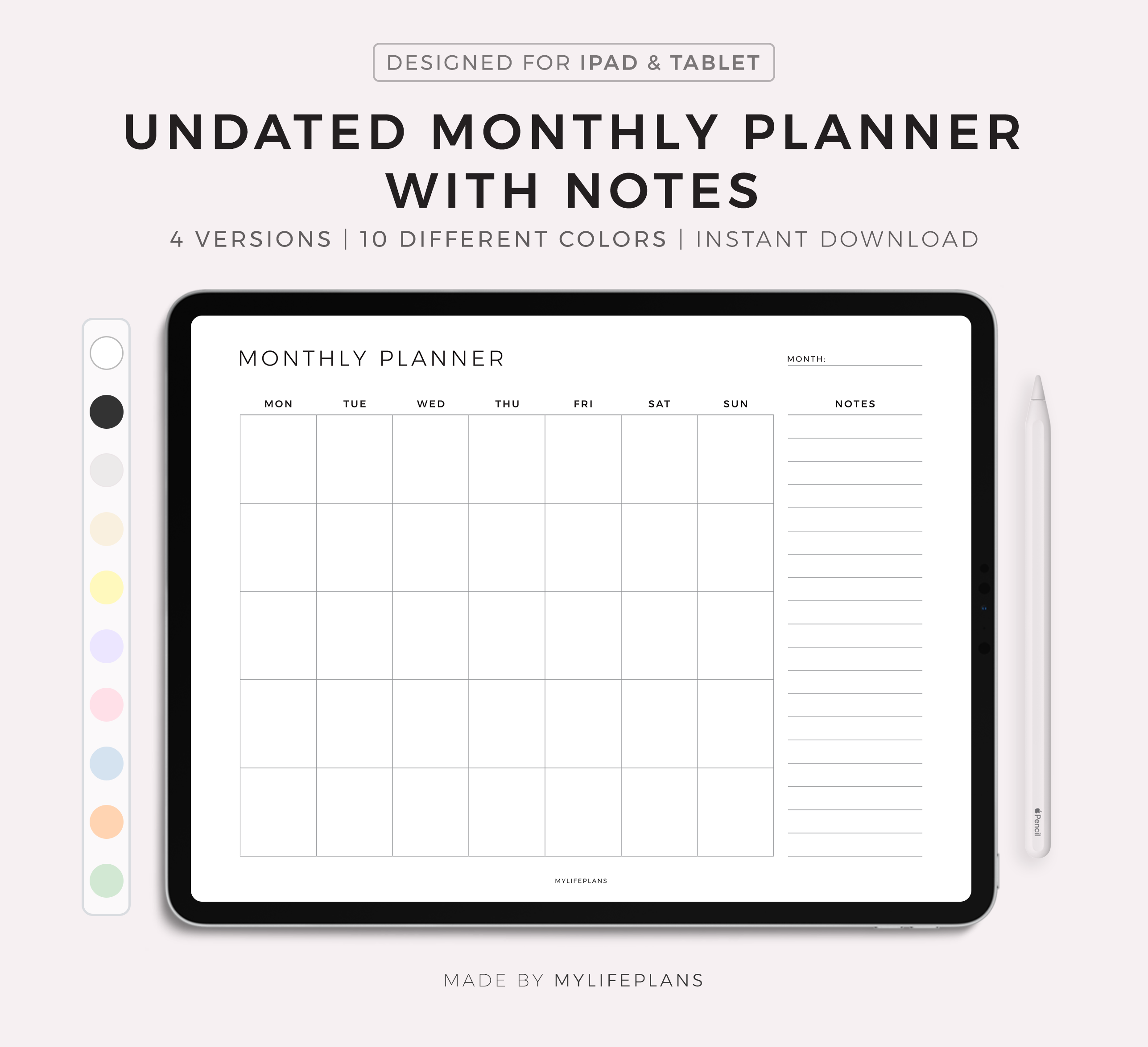 Undated Monthly Planner with Notes, Landscape, Digital Template for ...