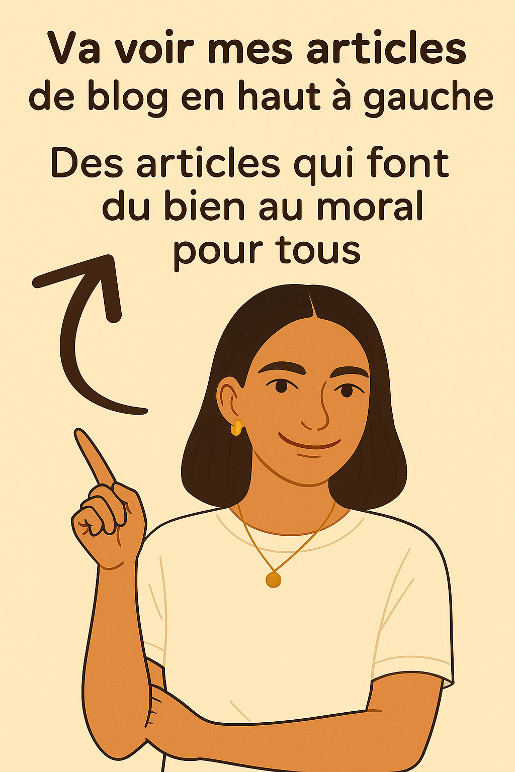 Illustration d'une femme souriante qui pointe vers le haut à gauche avec le texte "Va voir mes articles de blog". Invitation à découvrir des articles bien-être et développement personnel