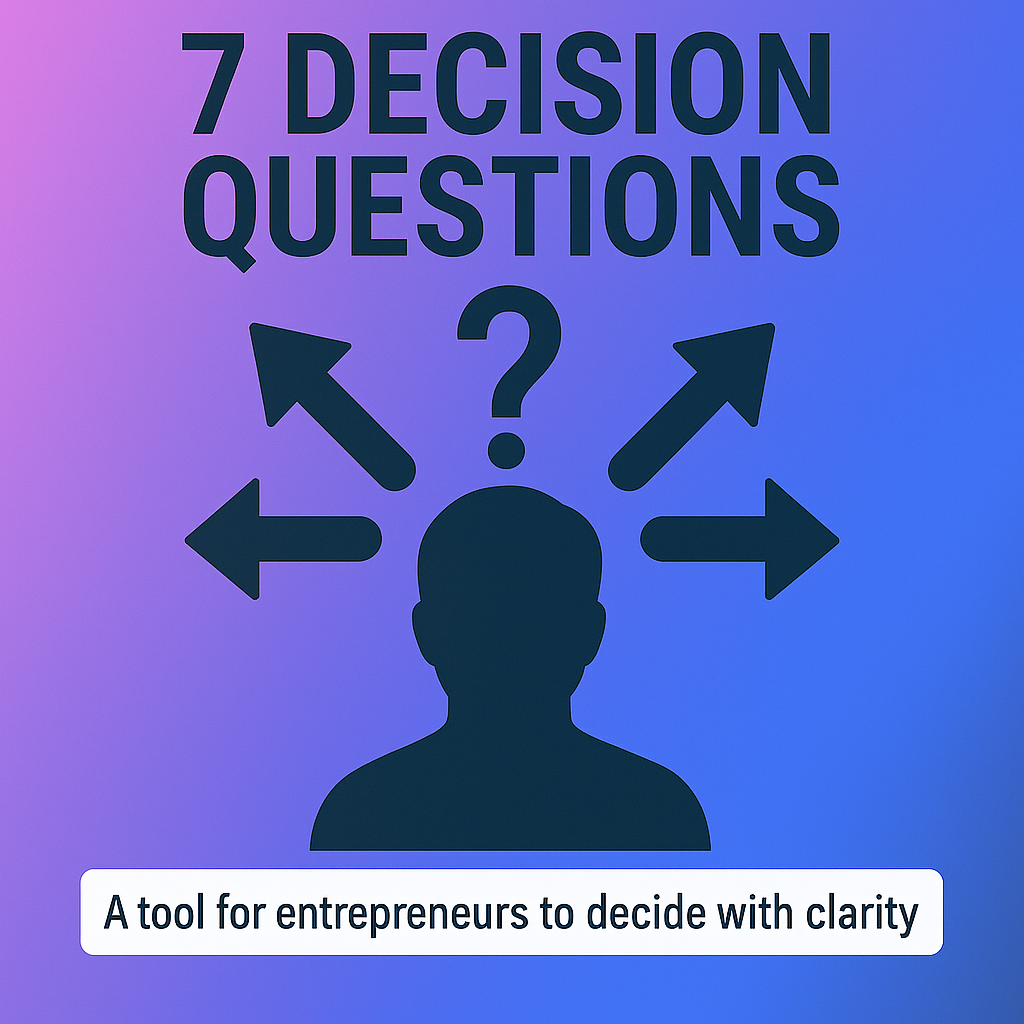 Cover image for ‘7 Decision Questions’ by Kath Pietersen. Silhouette of a person with arrows pointing in different directions and a question mark overhead. Gradient purple-blue background with text: A tool for entrepreneurs to decide with clarity.