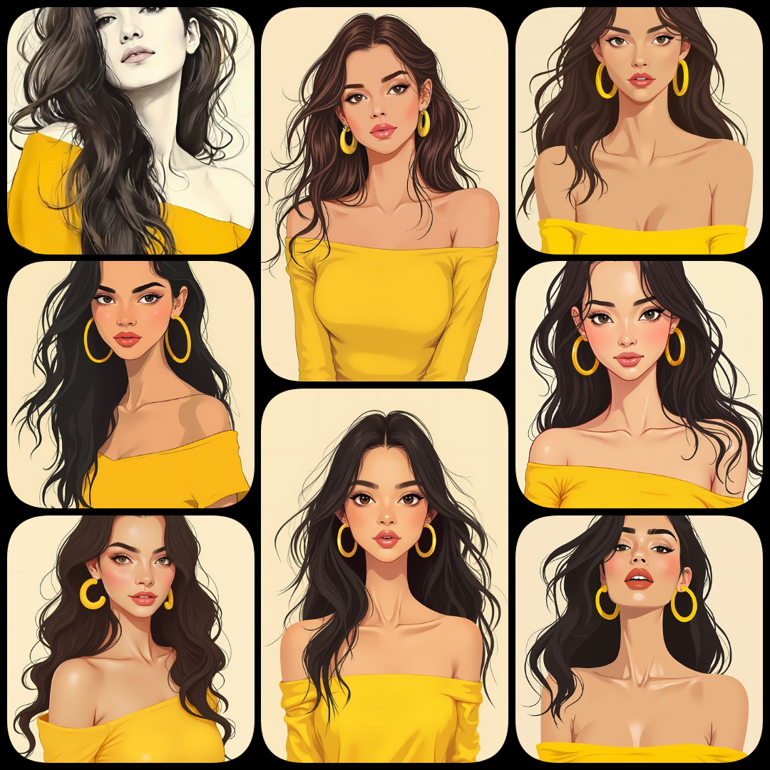 yellow PNG clipart, whimsical illustrations bundle, digital art download, birds and bees artwork, illustrated ladies PNG, high resolution digital art, quirky animal illustrations, fashionable character art, yellow background clipart, childrens book illus