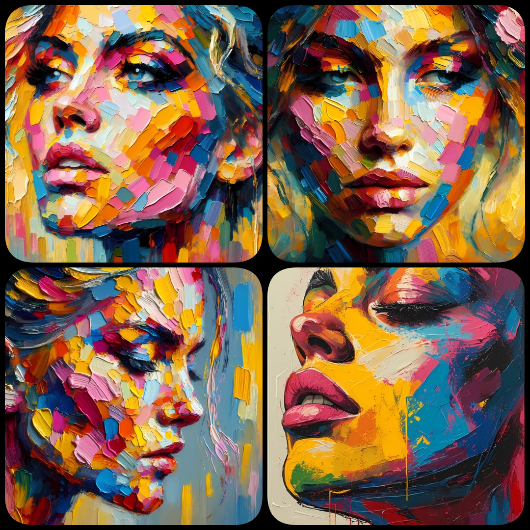 yellow art portraits, abstract women illustrations, vibrant female face PNG, oil painting impasto style, geometric face art, watercolor woman PNG, pop art female graphics, folk art portraits, retro digital faces, creative portrait clipart, high resolution