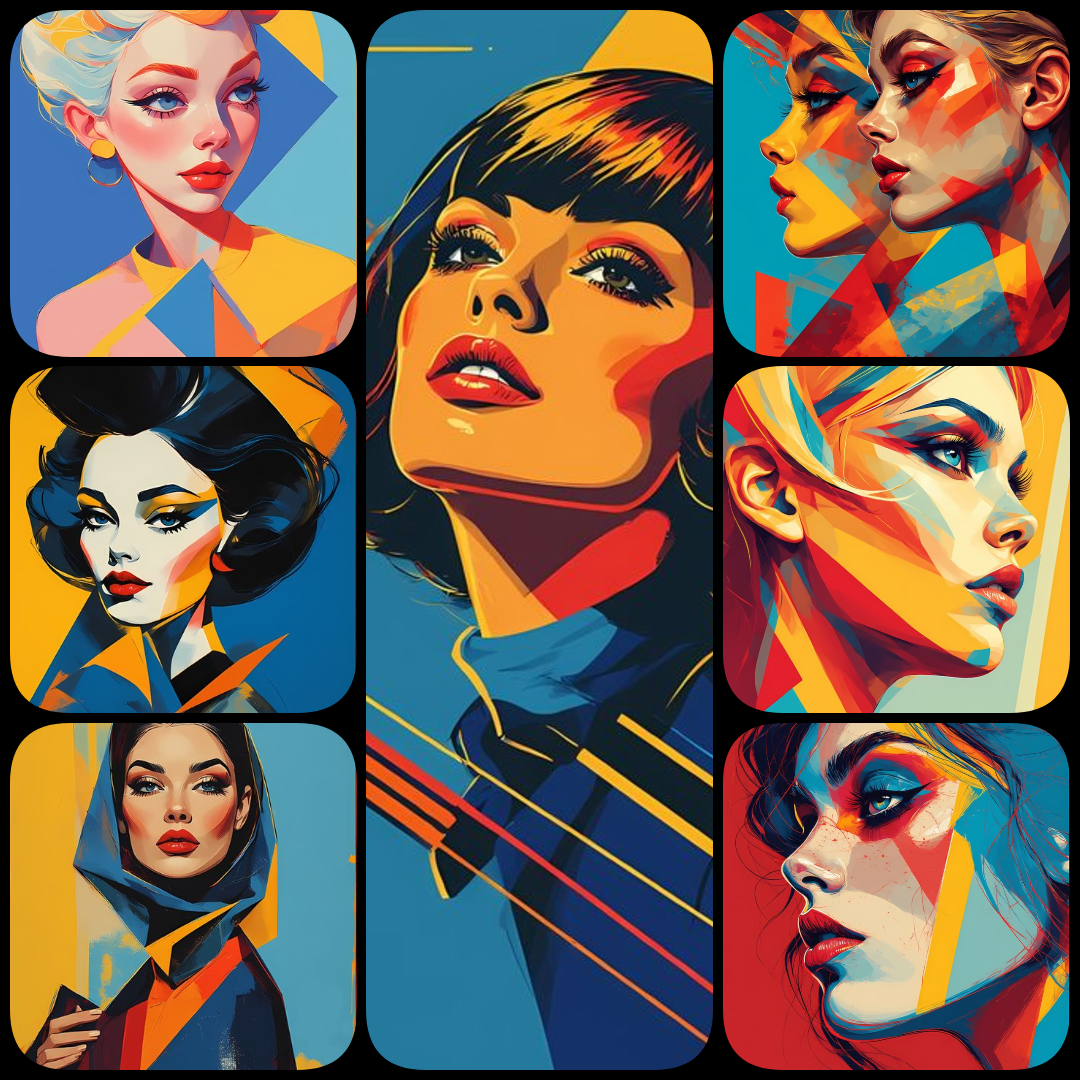 yellow art portraits, abstract women illustrations, vibrant female face PNG, oil painting impasto style, geometric face art, watercolor woman PNG, pop art female graphics, folk art portraits, retro digital faces, creative portrait clipart, high resolution