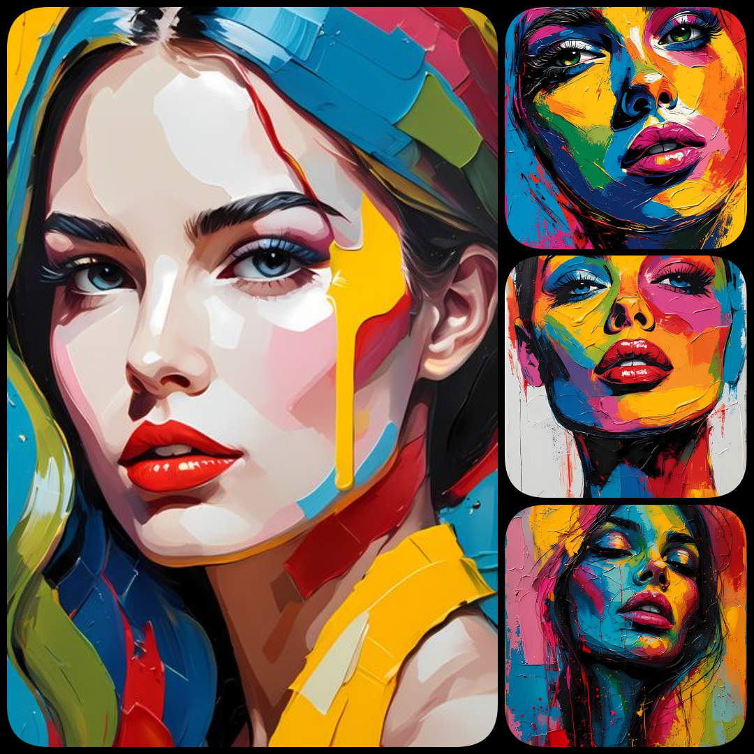 yellow art portraits, abstract women illustrations, vibrant female face PNG, oil painting impasto style, geometric face art, watercolor woman PNG, pop art female graphics, folk art portraits, retro digital faces, creative portrait clipart, high resolution